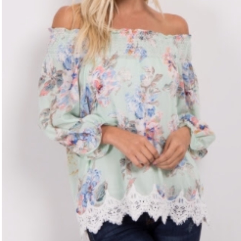 Mint Green Floral Off Shoulder Chiffon Top